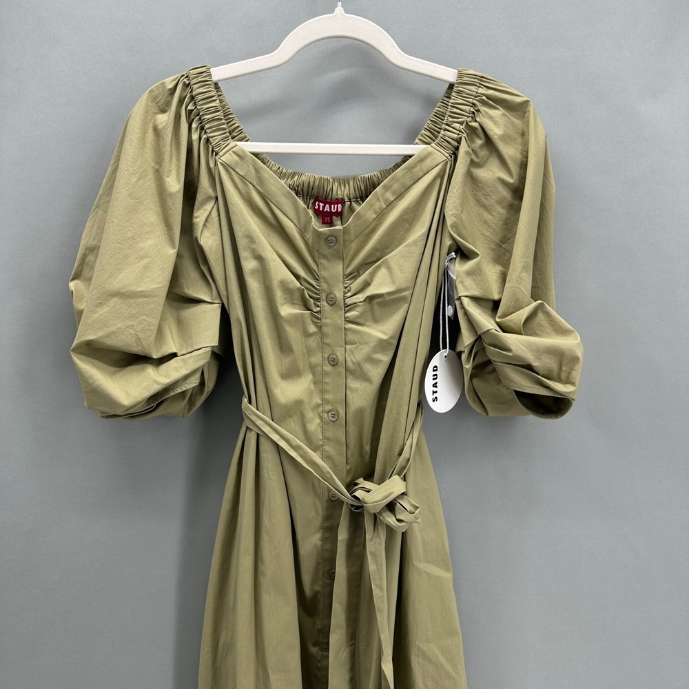 STAUD Reese Dress Khaki Puff Sleeve Midi Cotton Size XS Capsule Minimalist NEW - Picture 4 of 12
